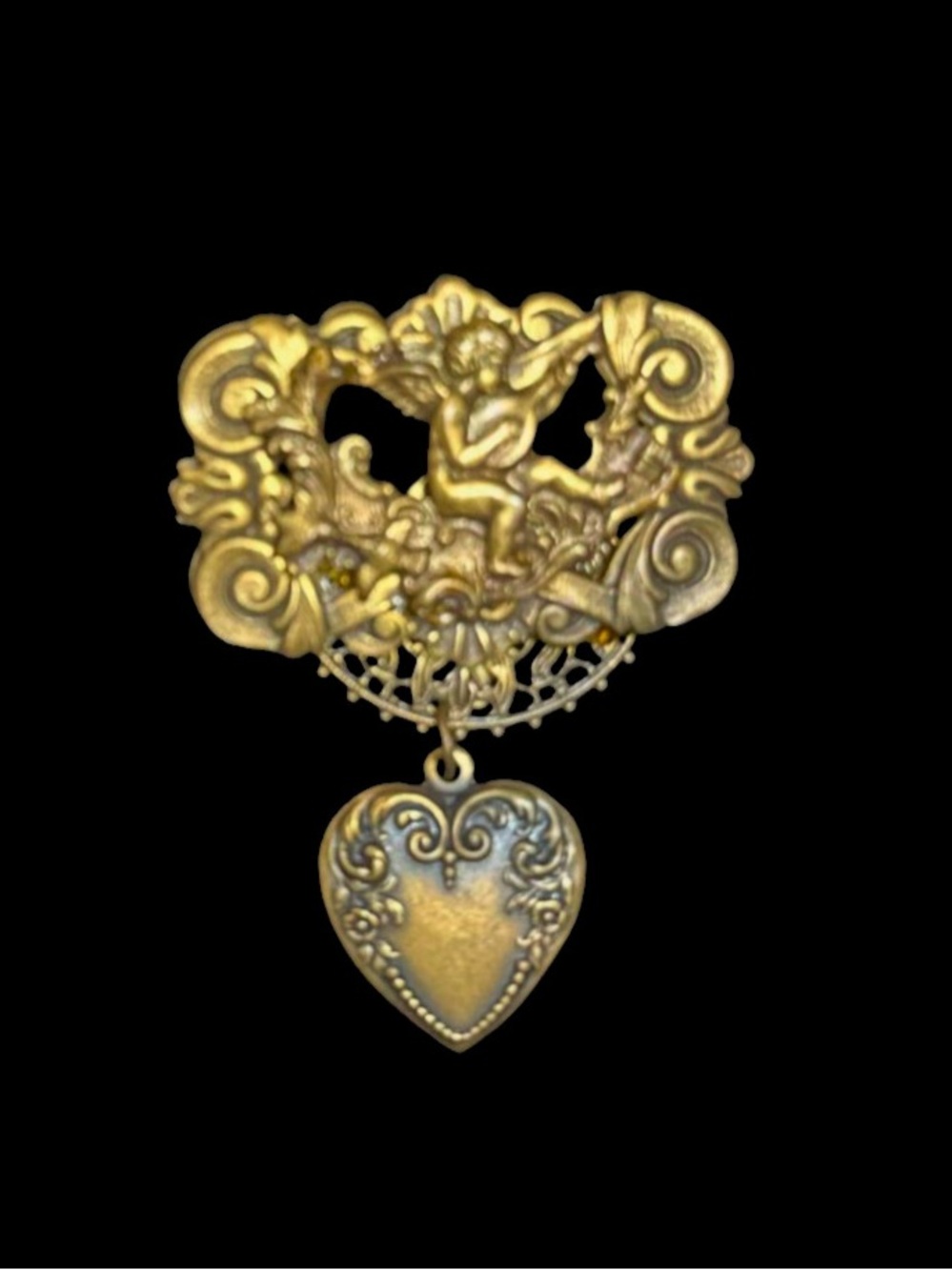 Victorian Gold Cherub Heart Drop Brooch - Women Jewelry